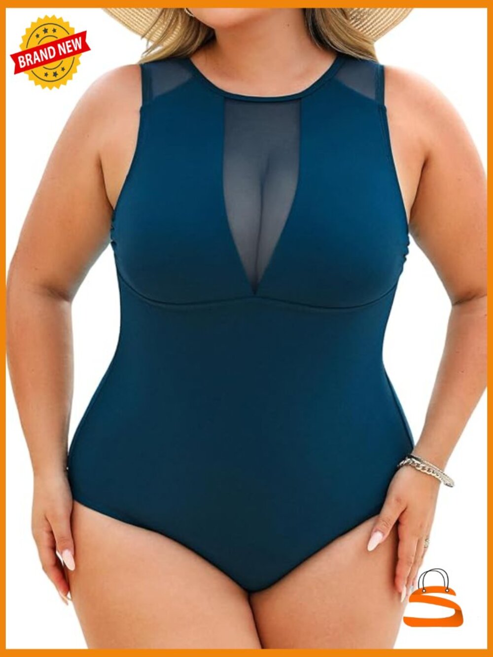 Plus Size One Piece Swimsuit Mesh High Neck Back Tie
